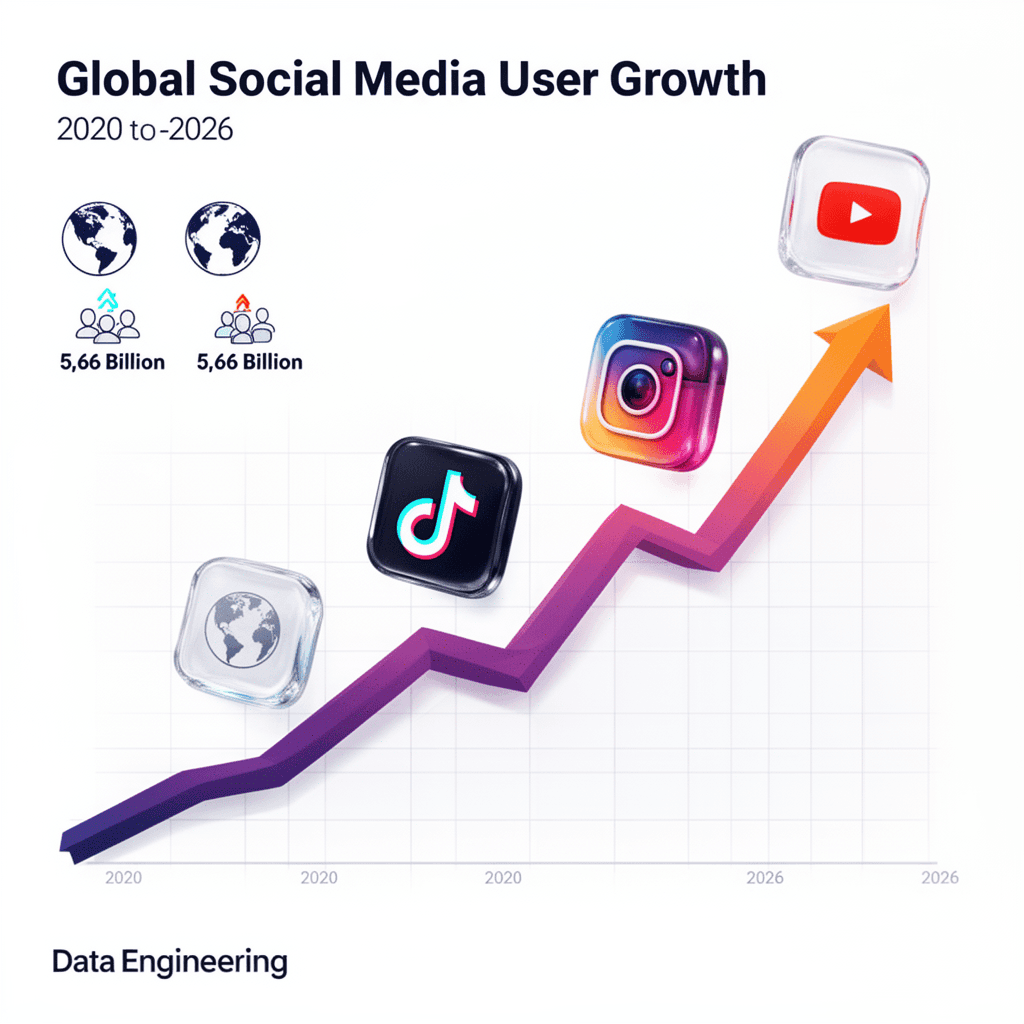 Infográfico de crescimento global de usuários de redes sociais até 2026 com destaque para TikTok e Instagram.